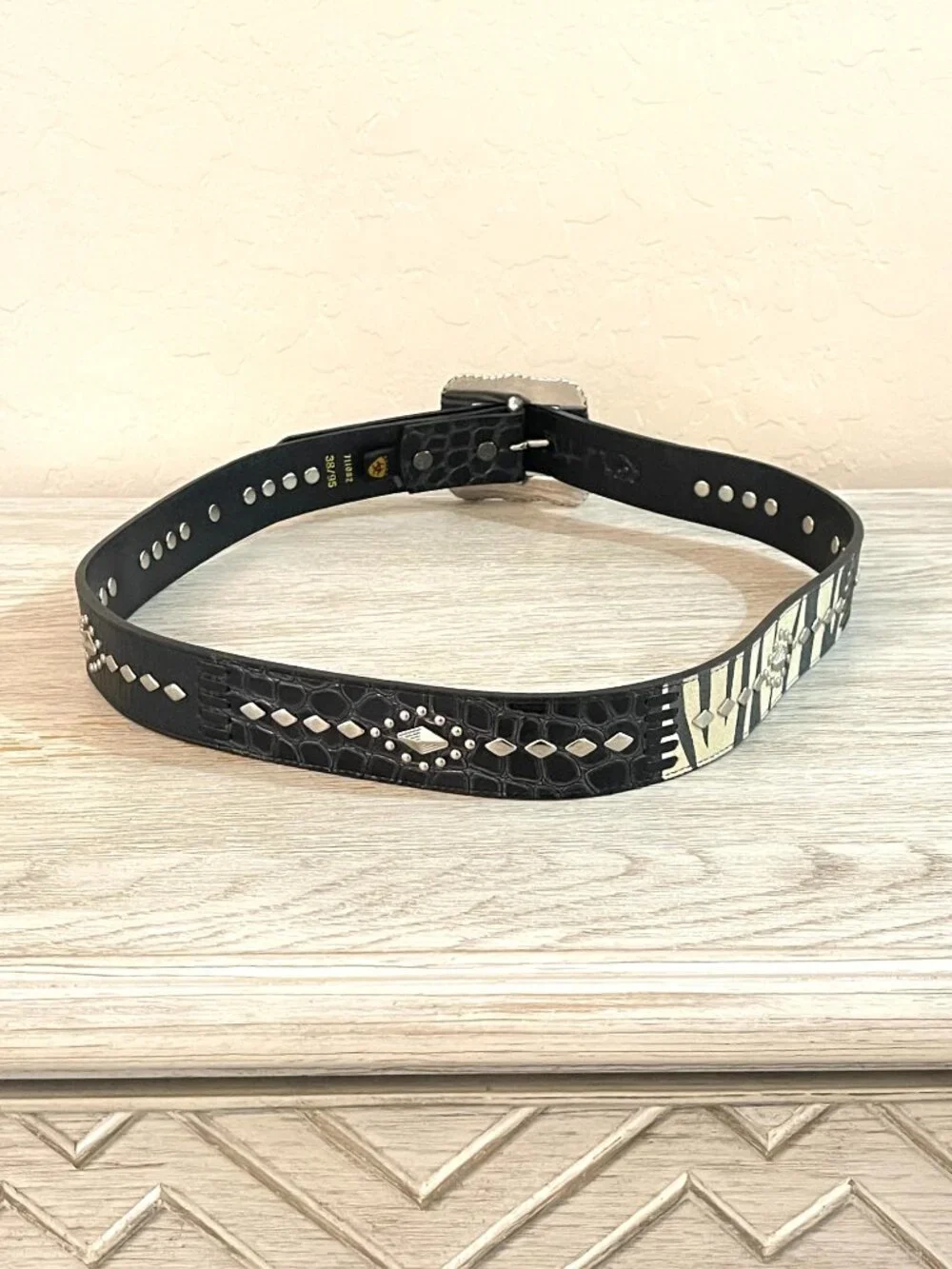 Vintage Ariat Belt Black Leather Zebra Stripe Stud Silver Buckle 2007 Size 38